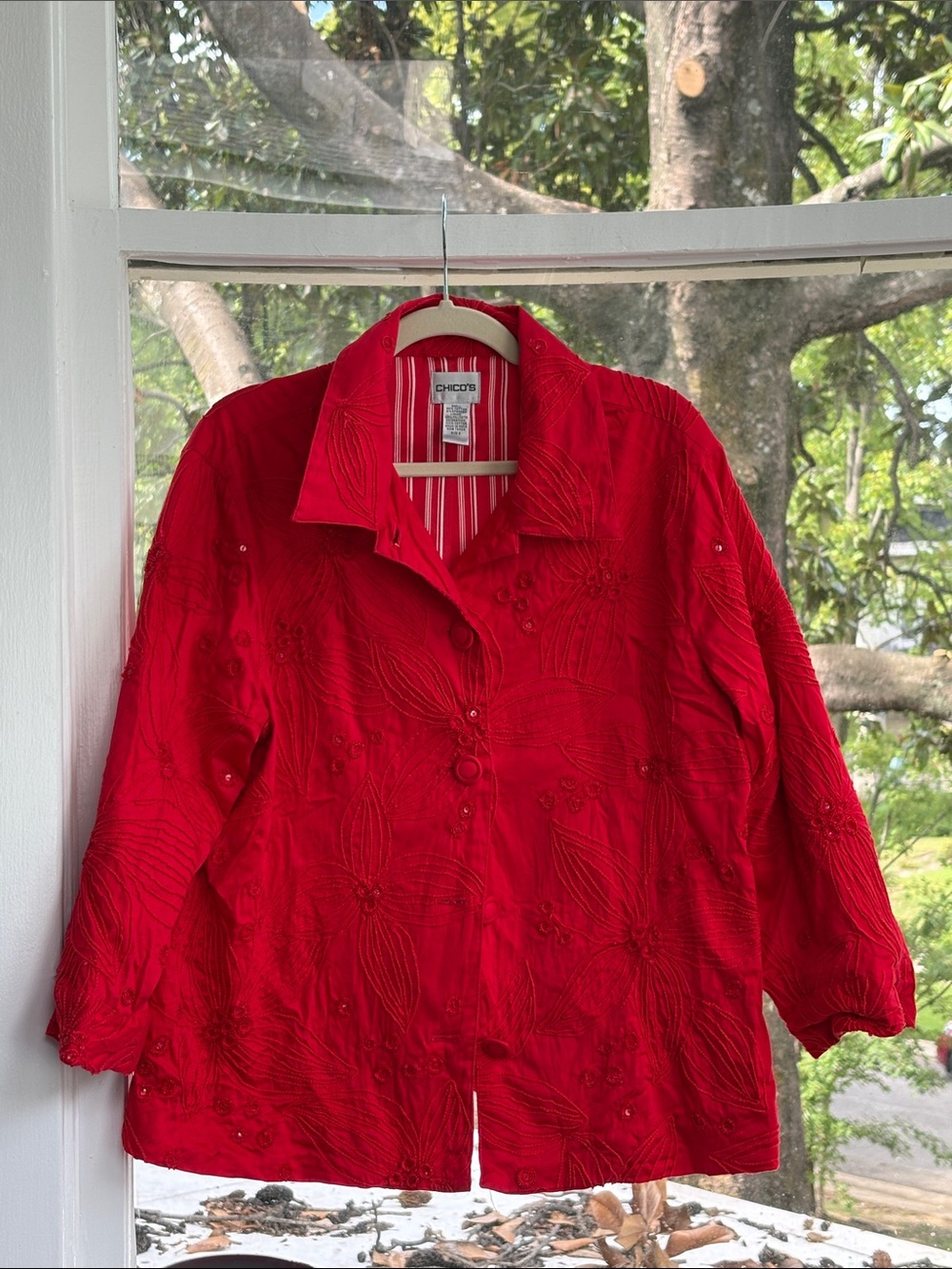 Chico's Red Embroidered Button-Front Jacket
